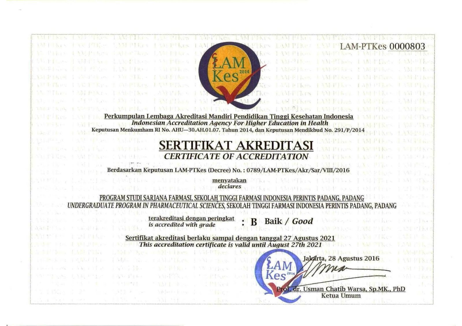 LAM-PTKES SERTIFIKAT AKREDITASI